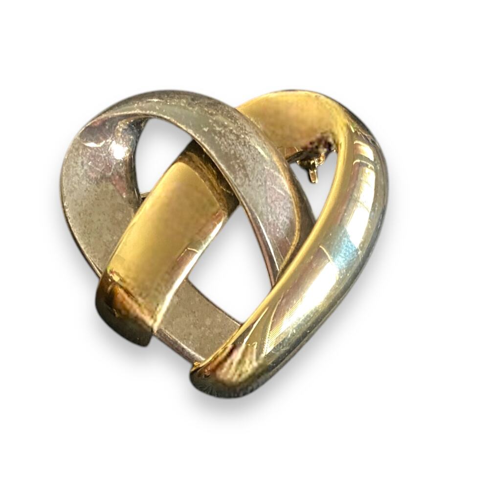 Vintage Knotted Heart Brooch Pin Mid Size Gold Silver Woven Metal Back Pin 1980s